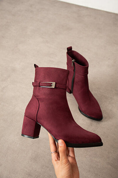 dabab shoes Lunara Women's Burgundy Suede Buckle Heeled Short Boots Bootie