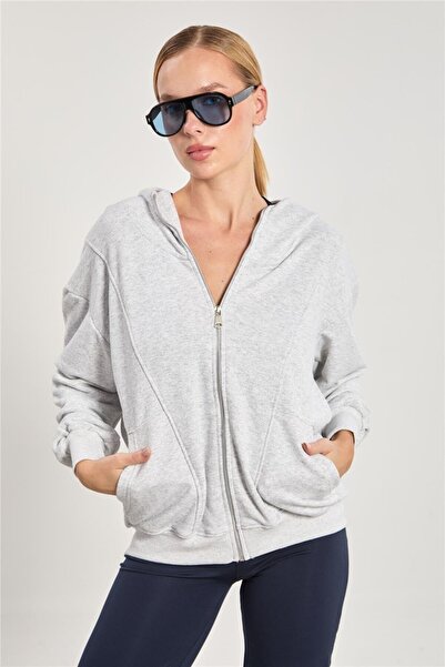 BARRELS AND OIL سويت شيرت نسائي بغطاء رأس ياقة مرتفعة متوسطة الطول بسحاب - كا...