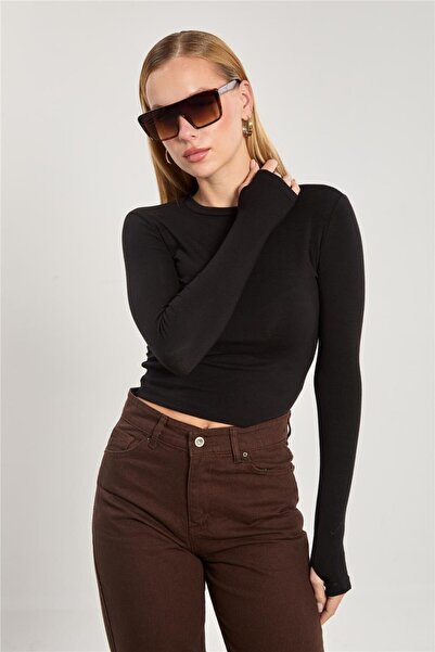 BARRELS AND OIL قميص نسائي طويل الأكمام برقبة دائرية وفتحة للإصبع - أسود