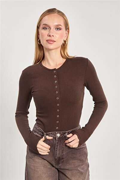 BARRELS AND OIL Kadın Çıtçıtlı Uzun Kol Body - Acı Kahve