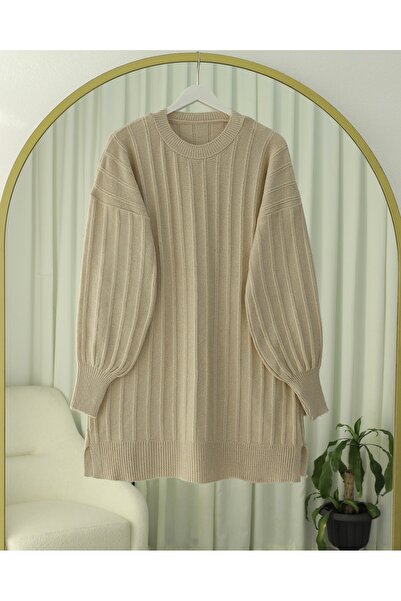 Modamorfo Corded Fabric Slit Yumoş Knitwear Tunic - Light Mink