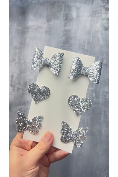 Toka Perisi Gray / Silver Stella Glitter Bow Heart Butterfly (Metal 5cm / 3cm with Clip 6-Piece Set)