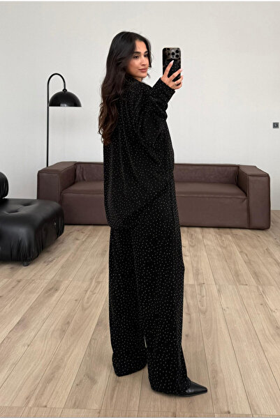 Bak'ap Premium Shiny Stone Printed Black Shirt -Trousers 2-Piece Suit