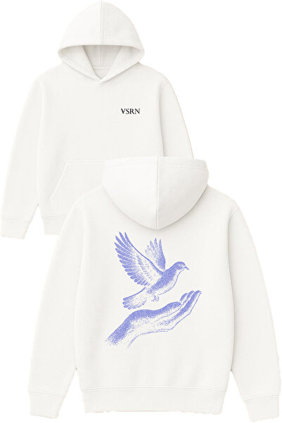 VSRN Hanorac alb supradimensionat cu glugă, imprimat cu designul Free Bird