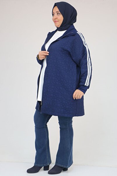 Eslina 53060 Plus Size Shoulder Stripe Quilted Zipper Jacket - Indigo-White