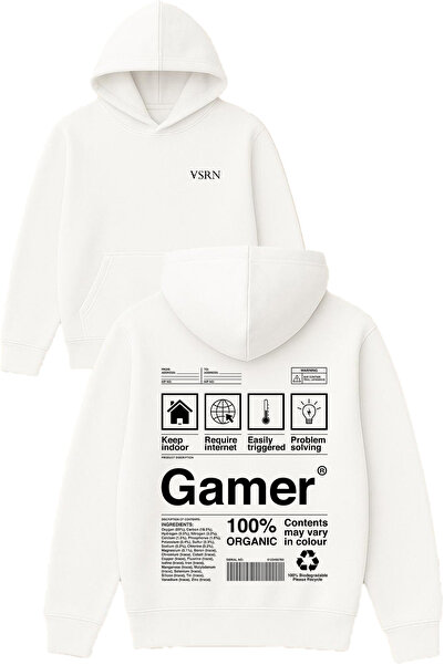 VSRN Hanorac alb supradimensionat cu glugă, imprimat cu design Gamer