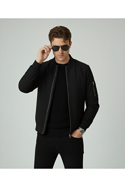 Bossago Чорна чоловіча куртка-бомбер з ребрами, базова, на блискавці, сезонна
