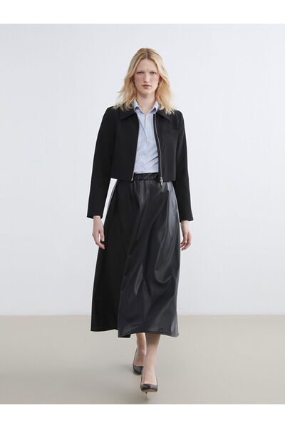 LC Waikiki Lcw Modest Black Elastic Waist Leather-Look Flared Skirt