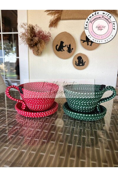 DOUBLE KNOT DESİGN 2li Fincan şekilli Saksı Sepet. Yılbaşı temalı Mutfak, Çoc...