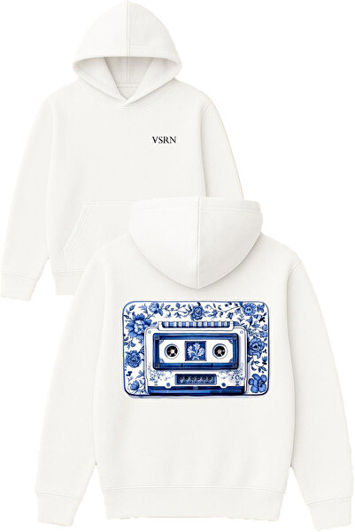 VSRN تصميم كاسيت روزي مطبوع قصة فضفاضة سويت شيرت أبيض بغطاء رأس