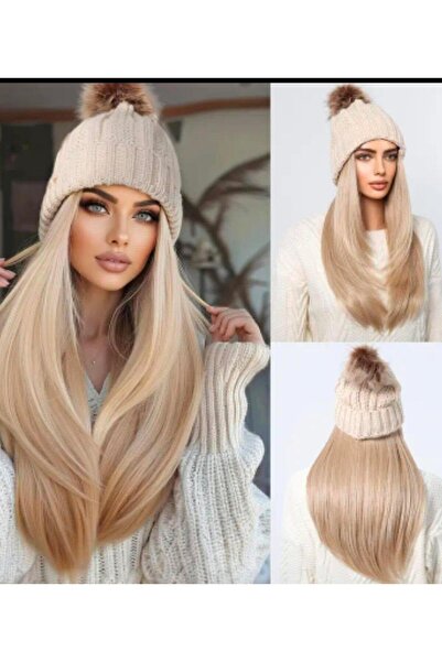 PERUK Uzun Düz Bej Şapkalı Peruk, Kışlık Isıyla şekillendirilebilir Aksesuar