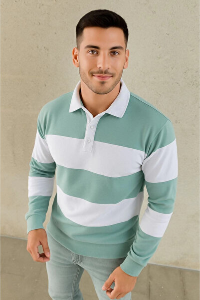 Genel satış Men's Polo Neck Long Sleeve Striped Sweatshirt Trend Rugby Style - Green