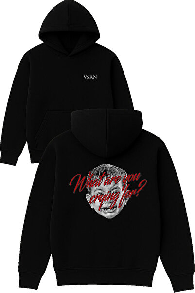 VSRN What are you Hanorac negru supradimensionat cu glugă și imprimeu de design