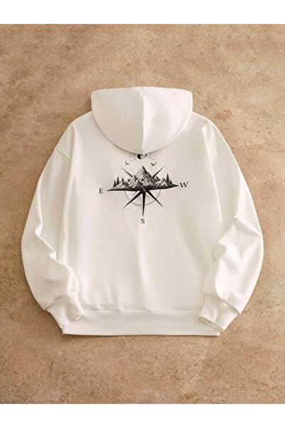 LAVİTTA سويت شيرت للجنسين بغطاء رأس مع رسم البوصلة والجبل