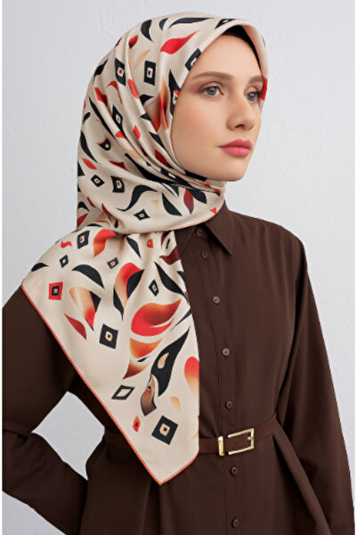 Vissona Tivil Silk Scarf 50548 - 4 - 0004 - 0018 Beige Burgundy Abstract Design