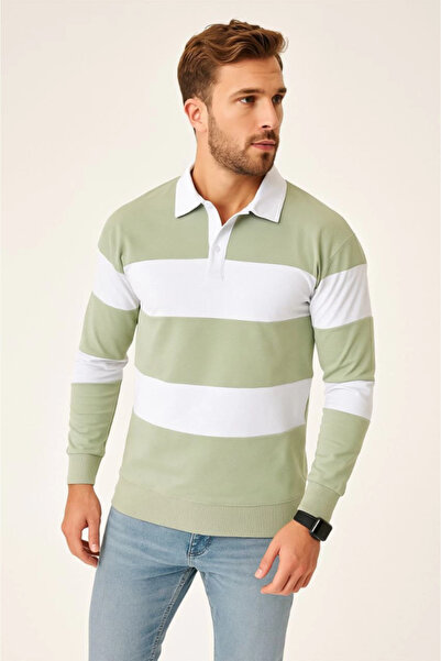 MODA Men's Polo Neck Long Sleeve Striped Sweatshirt Trend Rugby Style - Mint Green