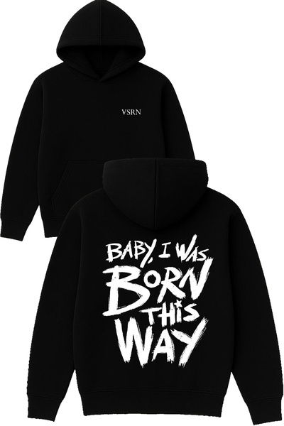 VSRN تيشيرت بيبي آي واس ديزاين مطبوع قصة فضفاضة أسود بغطاء رأس