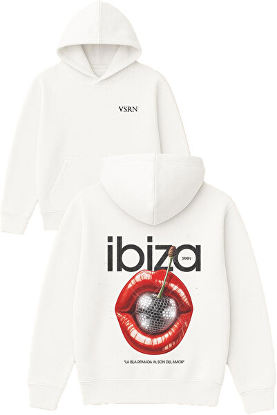 VSRN Бял овърсайз суитшърт с качулка с принт Ibiza Design