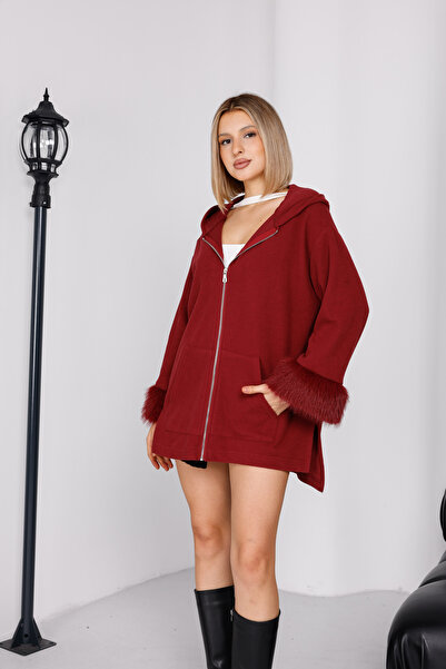 EsSo butik Hooded Sleeve Wrists Fur Detailed Zippered Kangaroo Pocket Thessaloniki Fabric Knitwear Cardigan