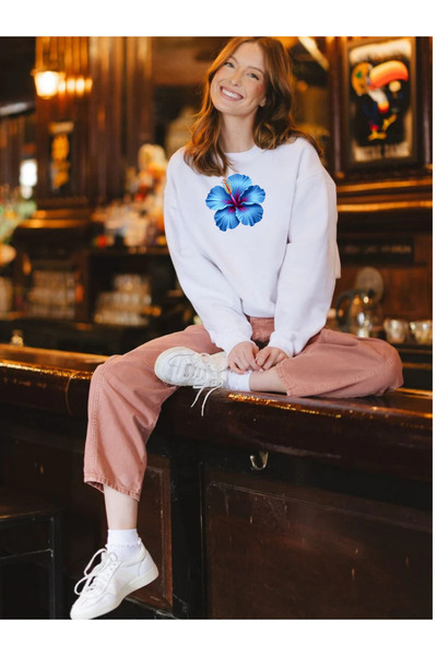 Tubinyoo سترة بلو هيبيسكوس مطبوع ذات الرقبة الدائرية وثلاثة خيوط