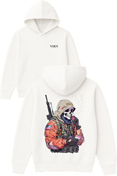 VSRN Hanorac alb supradimensionat cu glugă, cu imprimeu Design Soldier Skeleton