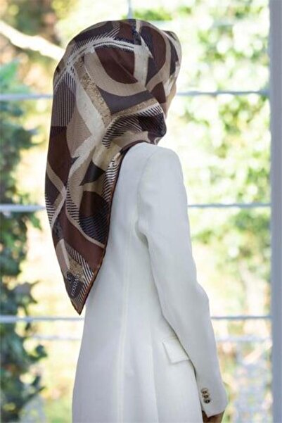 Vissona Κασκόλ 90x90 με γεωμετρικό σχέδιο από 100% μετάξι Twill σε χρώμα καφέ - βιζόν