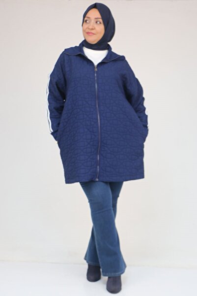 Eslina 53060 Plus Size Shoulder Stripe Quilted Zipper Jacket - Indigo-White