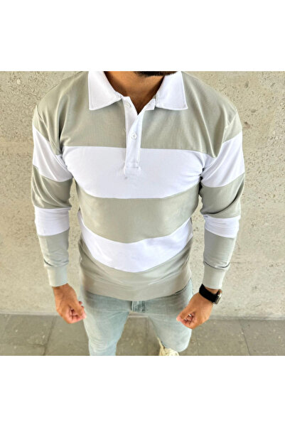 MODA Men's Polo Neck Long Sleeve Striped Sweatshirt Trend Rugby Style - Mint Green