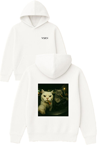VSRN Hanorac alb supradimensionat cu glugă, cu imprimeu Evil Cats Design