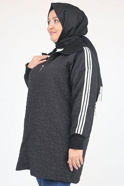 Eslina 53060 Plus Size Shoulder Stripe Quilted Zipper Jacket - Black-White