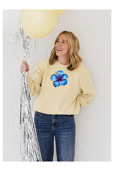 Tubinyoo Blue Hibiscus Printed Crew Neck 3-Thread Sweatshirt