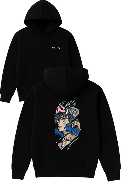 VSRN Hanorac negru supradimensionat cu glugă, cu imprimeu cu design anime dulce