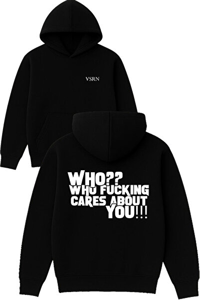 VSRN Hanorac negru supradimensionat cu glugă și imprimeu design Who who fck