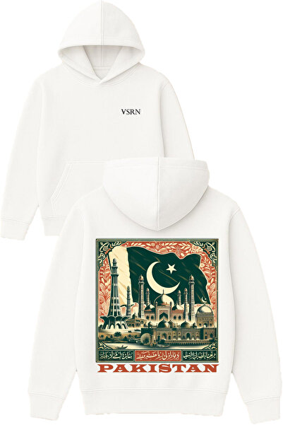 VSRN Hanorac alb supradimensionat cu glugă, imprimat cu design pakistanez