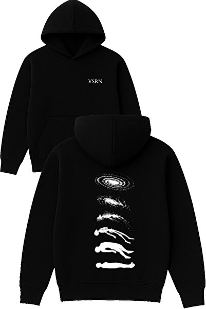 VSRN Hanorac negru supradimensionat cu glugă, imprimat, Karadelik Design