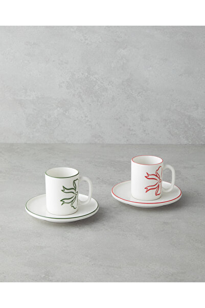 English Home Bowsie Bone Porcelain 4 Piece Coffee Cup Set for 2 People 90 ml Red - Green