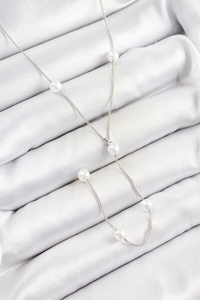 Toptan Bulurum Y Model Silver Color Women's Necklace with Rice Pearl Figure