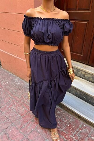 shopivastore Gathered Crop Fold Detailed Ruffle Skirt Suit 10196