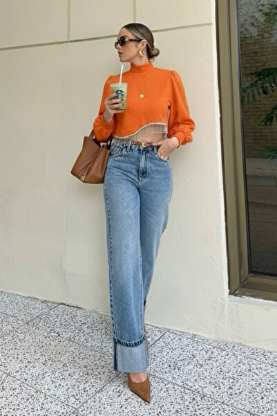 oshebu Women's Princess Sleeve Skirt with Stones Ribbed Knit Crop Blouse