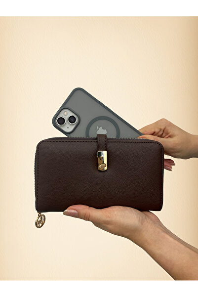 shiny ever Bitter Brown Leather Women's Wallet Handbag with Phone Compartment and Gold Detail