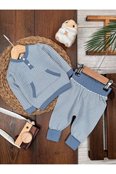 Kids Kingdom Cotton Thin Knitwear Striped Kangaroo Pocket Crew Neck 2-Piece Baby Boy Set