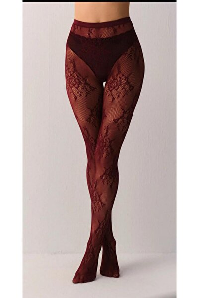SUWEN Roses Fishnet Lace Ruched Floral Pattern Fishnet Pantyhose