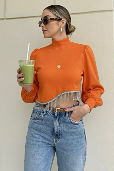 oshebu Women's Princess Sleeve Skirt with Stones Ribbed Knit Crop Blouse