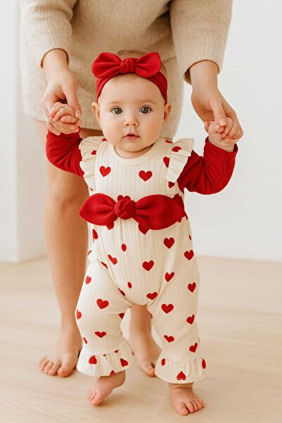 minicayzen UNEZ Kız Bebek Kalpli Tulum – Fiyonklu, Uzun Kollu, Şık ve Rahat B...