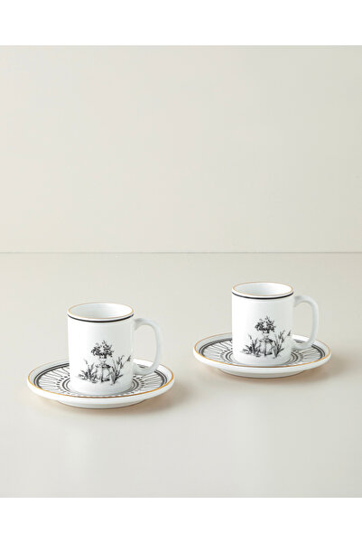 English Home White Chic Bone Porcelain 4 Piece Coffee Cup Set for 2 People 90 ml Black-White-Gold
