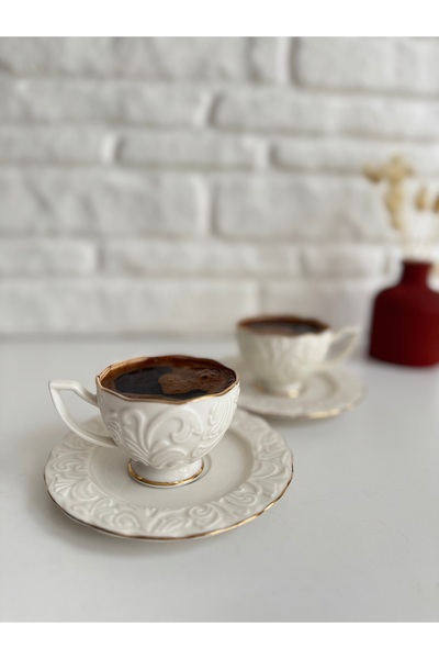 yeninesilevim 2'li Krem Gold Detaylı Şık Desenli Türk Kahvesi Fincan Takımı(KUTUSUZ )
