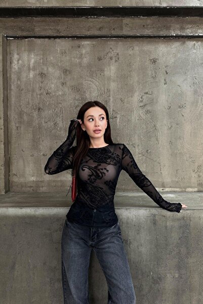 mylove Desenli Tül Bluz Siyah