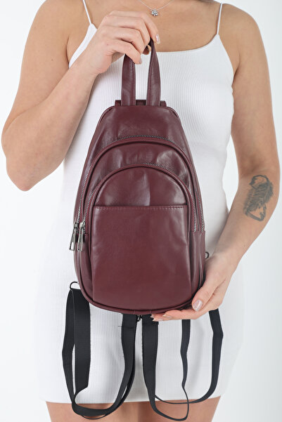 PİRİNÇ BEBE Pirinçbebe Women's Small Backpack Model Burgundy Genuine Leather Crossbody and Backpack