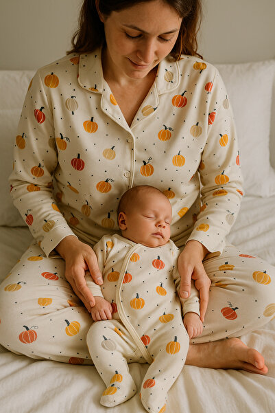 Genel Markalar ANNE VE BEBEĞİN İLK UYUMU BAL KABAĞI DESENLİ ANNE PİJAMA BEBEK TULUM SET
