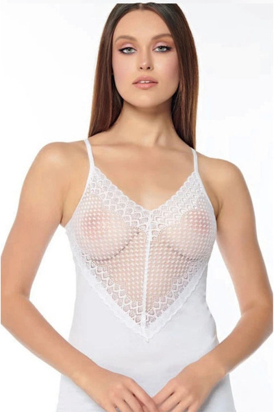 BYEN GİYİM Kalp Desen Dantel İşlemeli Askılı Kadın Beyaz Atlet KB2570